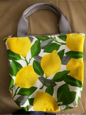 Yellow Lemon Print Tote Bag with Gray Handles Lunch Tote Destiny Handbags 11x10